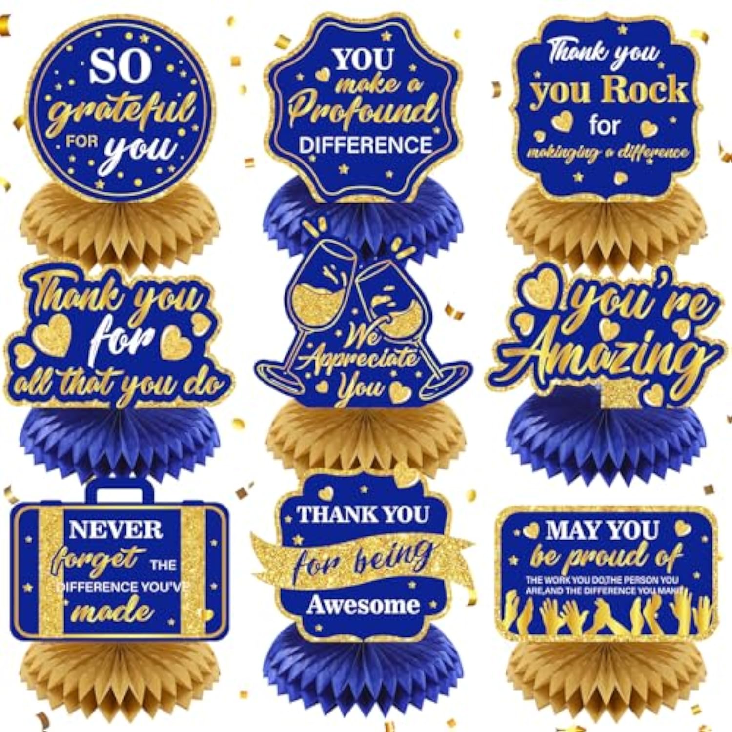 9Pcs We Appreciate You Decorations Navy Blue Gold Thank You Table Honeycomb Centerpieces Appreciate Table Topper Decor For Teacher Doctor Nurse Employee Xmas Graduation Appreciation Party Supplies