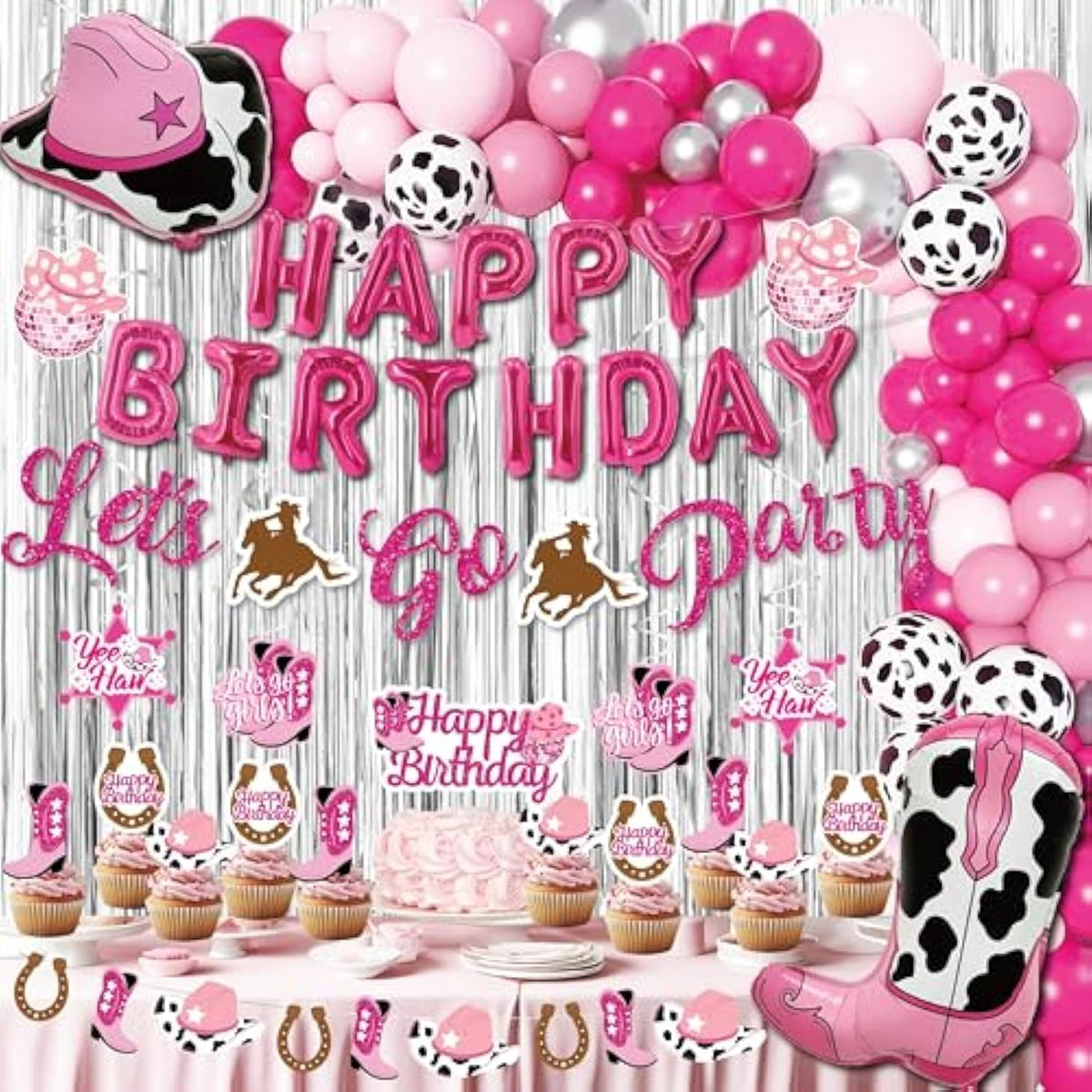 105-Pc Pink Disco Cowgirl Birthday Decoration Set