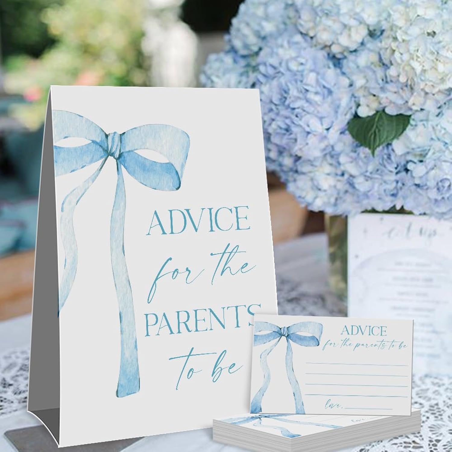 Baby Shower Advice Cards For Parents To Be(1 Standing Sign-50 Guessing Cards) Blue Bow Theme Advice For New Parents Baby Shower Decorations, Wishes For Baby Cards Party Activities Game Cards Kit-40