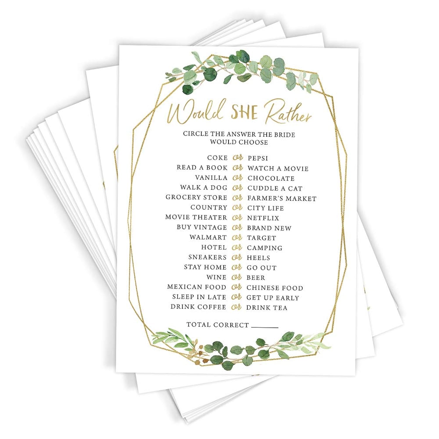 Bridal Shower Games – Would She Rather Game With Fun Bride-To-Be Trivia, Wedding Shower Activity, Botanical Greenery Theme, 50 Guests