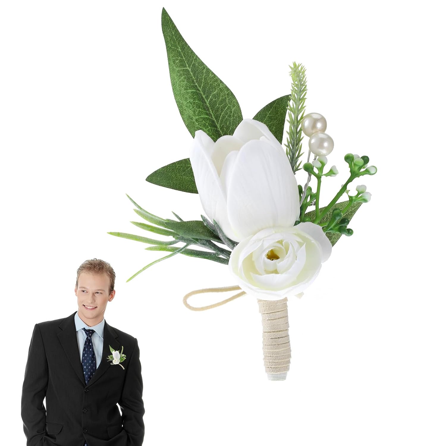 Boutonniere For Men White Pocket Wedding Flower Boutonniere Groom Rose Buttonholes Prom Suit Decoration Artificial Tulip Flowers Boutonnieres For Wedding Prom Ceremony Anniversary Formal Dinner Party