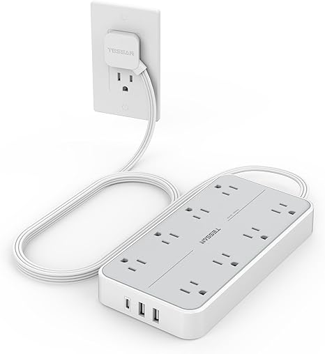 Surge Protector Power Strip with 8 Outlets 3 USB Ports 1 USB C 1080J Flat Plug Extension Cord