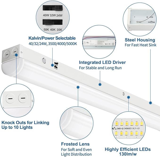 4 Pack 4FT LED Linear Light Fixtures CCT Selectable 40W 32W 24W Shop Lights for Office Garage