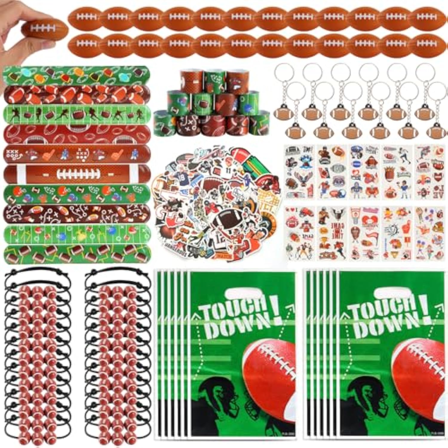 294 Pieces Football Party Favors Football Themed Birthday Gift Goodie Bags Party Faovrs 24 Set Mini Foam Stress Balls,Slap Bracelet, Keychain, Charm Bracelets