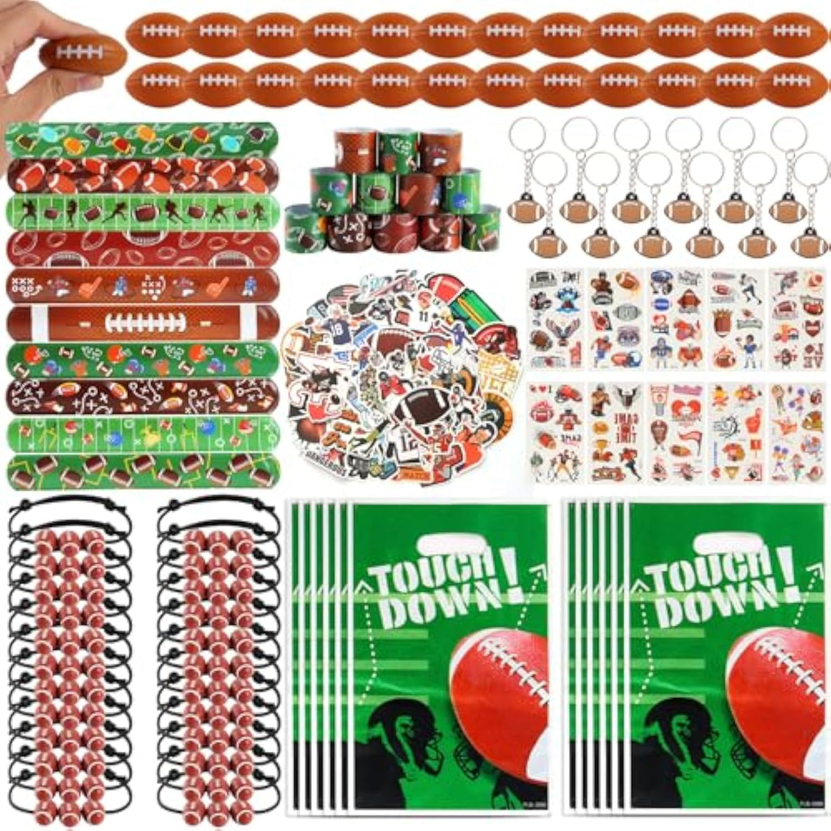 294 Pieces Football Party Favors Football Themed Birthday Gift Goodie Bags Party Faovrs 24 Set Mini Foam Stress Balls,Slap Bracelet, Keychain, Charm Bracelets