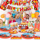 Fire Truck Birthday Party Supplies,16 Guests Fire Truck Party Tableware, Firetruck Decorations Balloons Plates Napkins Tablecloth Etc Fireman Birthday Party Decorations