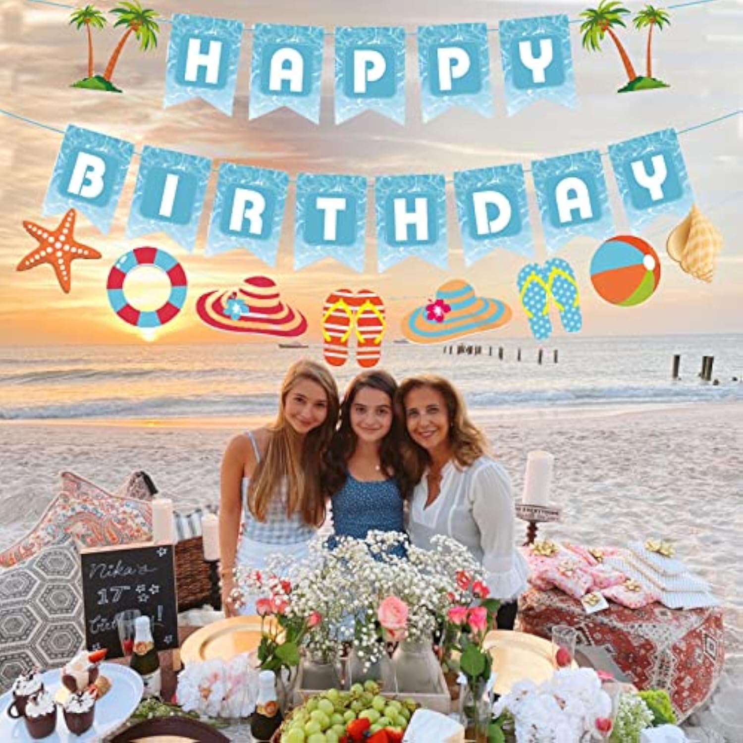 Seaside Happy Birthday Party Decoration Blue White Sign Starfish Conch Hanging Paper Banner For Kids Adults Tropical Hawaiian Beach Pool Summer Accessories Supplies