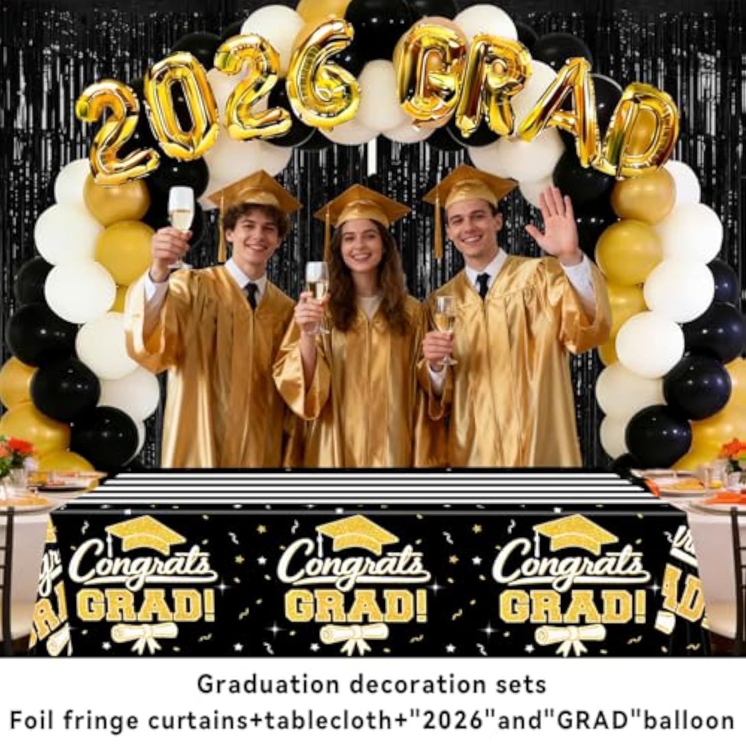 7-Pack Graduation Party Decorations Kit: 3 Black-Gold Graduation Tablecloths (54"X108") + 2 Foil Balloons (2026 & Grad) + 2 Matching Foil Backdrop Curtains, Leakproof & Sturdy