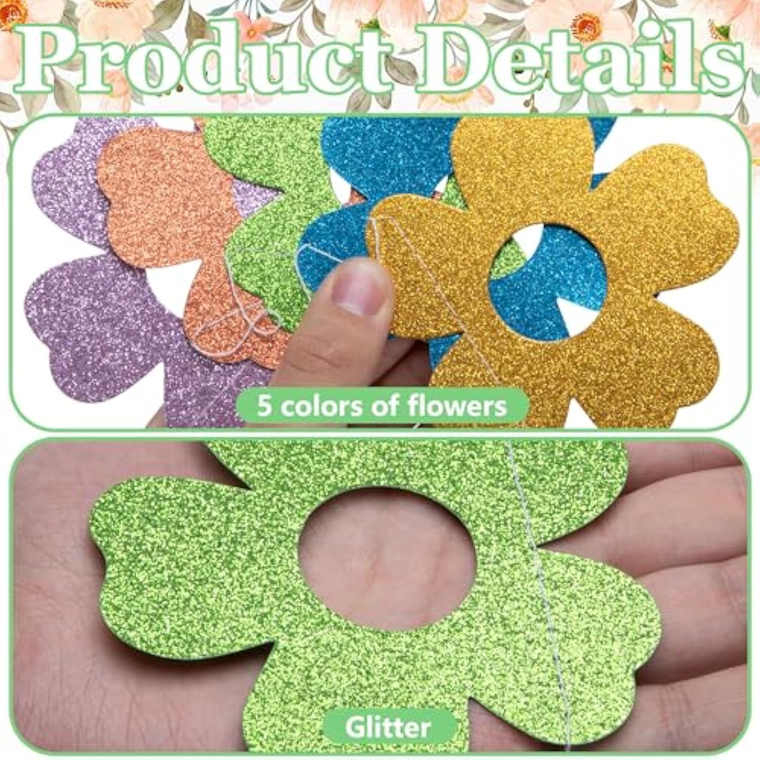 12 Pack Glitter Spring Flower Banner, Easter Flower Paper Hanging Garland, Spring Glitter Floral Cutouts Banner For Easter Spring Birthday Party Supplies Wall Fireplace Mantel Decor