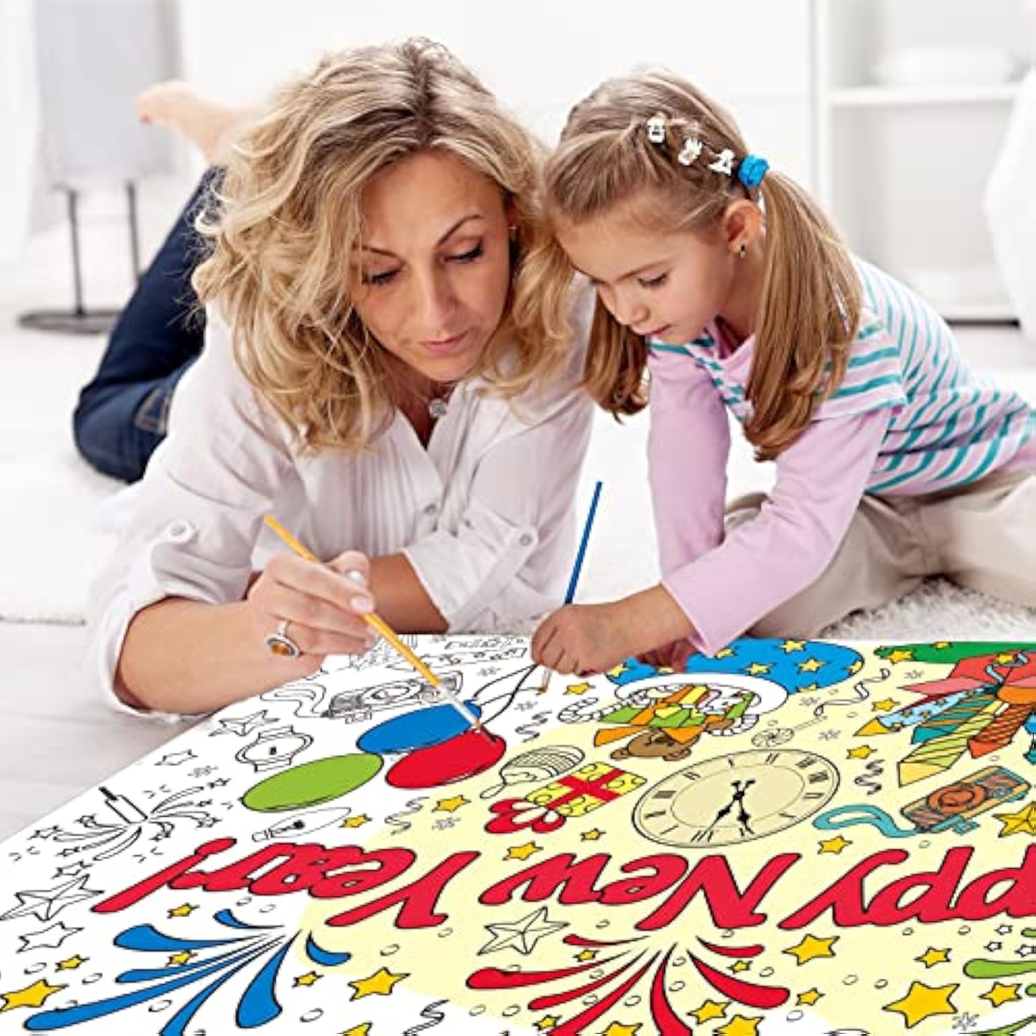 Giant Happy New Year Coloring Poster For Kids 2026 New Years Eve Giant Coloring Tablecloth Large Books Huge Sheet Page Table Cover For Wall Boys Girls Classroom Home Holiday Party Supplies 31X43In