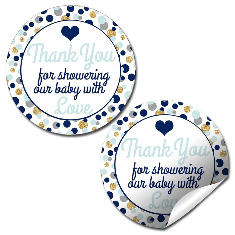 Polka Dot Blue And Gold Baby Shower Sticker Labels, 40 2" Party Circle Sticker