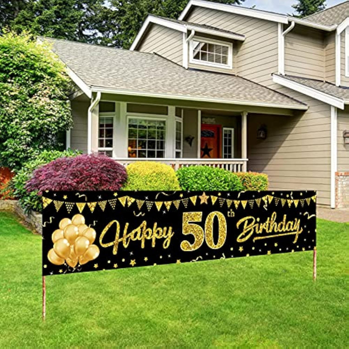 Happy 50Th Birthday Banner Decorations, Black Gold 50 Birthday Sign Party Supplies For Men Women, Fifty Birthday Decor Photo Booth Props For Outdoor Indoor