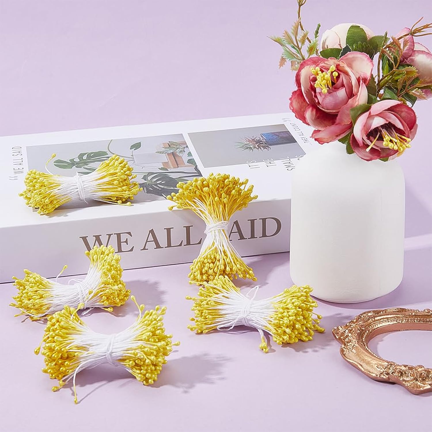 1200Pcs 0.12 Inch Flower Stamens Artificial Flower Small Stamens Plastic Pearl Yellow Floral Stamen Double Head Pollens Core For Flower Hairpin Jewelry Making Accessories Supplies Diy Craft