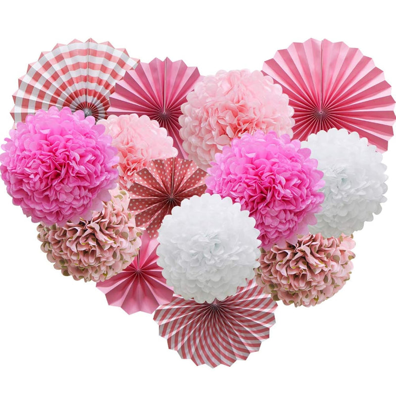 Pink Hanging Paper Party Decorations, Round Paper Fans Set Paper Pom P