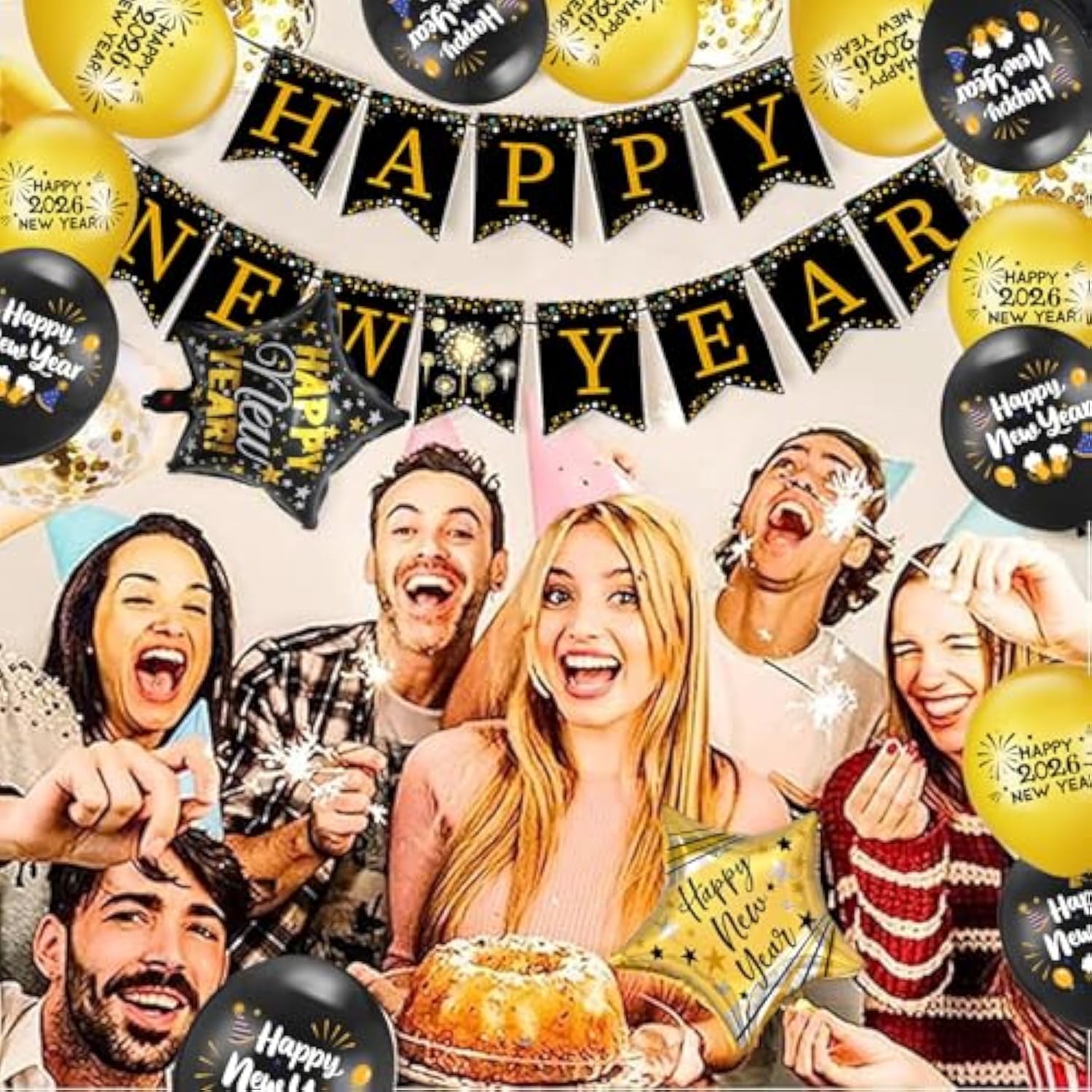 2026 Happy New Year Balloon Set Gold Foil Banner Party Decor