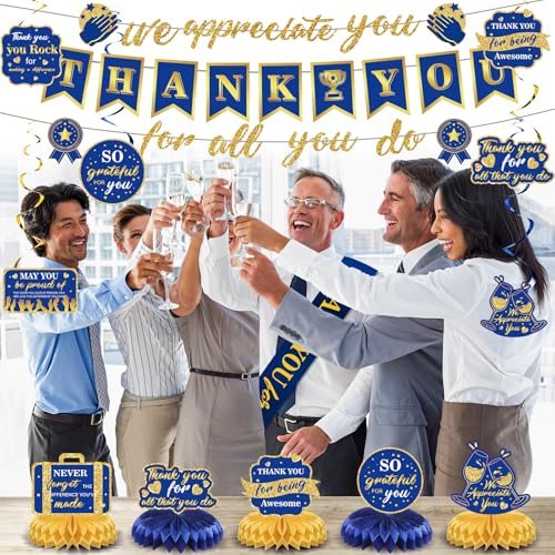 We Appreciate You Decorations Blue Gold Thank You for All You Do Banner Honeycomb Centerpieces Hanging Swirls Employee Staff Appreciation Gift Pastor Teacher Doctor Retirement Appreciation Party Decor