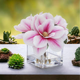 Enova Floral Artificial Real Touch Magnolia Faux Flowers Arrangement in Cube Glass Vase with Faux Water for Home Office Wedding (Pink)