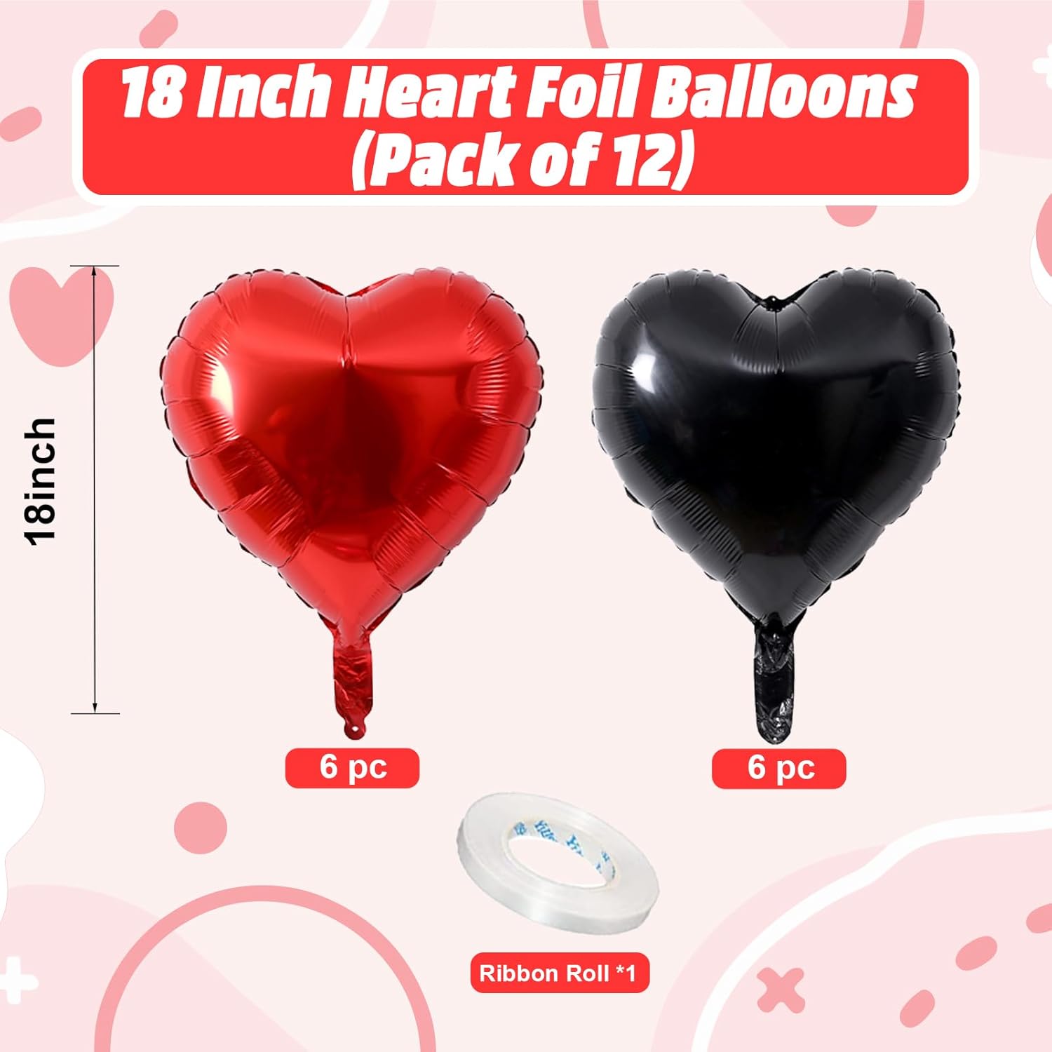 Red Black Heart Balloons, 18 Inch Red And Black Heart Shape Balloon, 12Pcs Black Red Helium Foil Love Heart Balloon For Birthday Bridal Shower Engagement Wedding Valentine Party Decorations