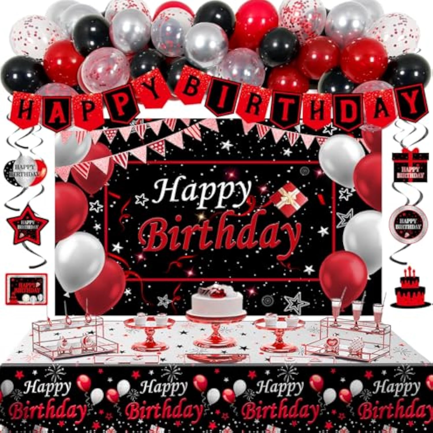 Black And Red Birthday Decorations For Men Women Boys Girls, Black And Red Party Decorations Happy Birthday Banner Backdrop Confetti Silver Balloons Arch Hanging Swirls Party Supplies Tablecloth
