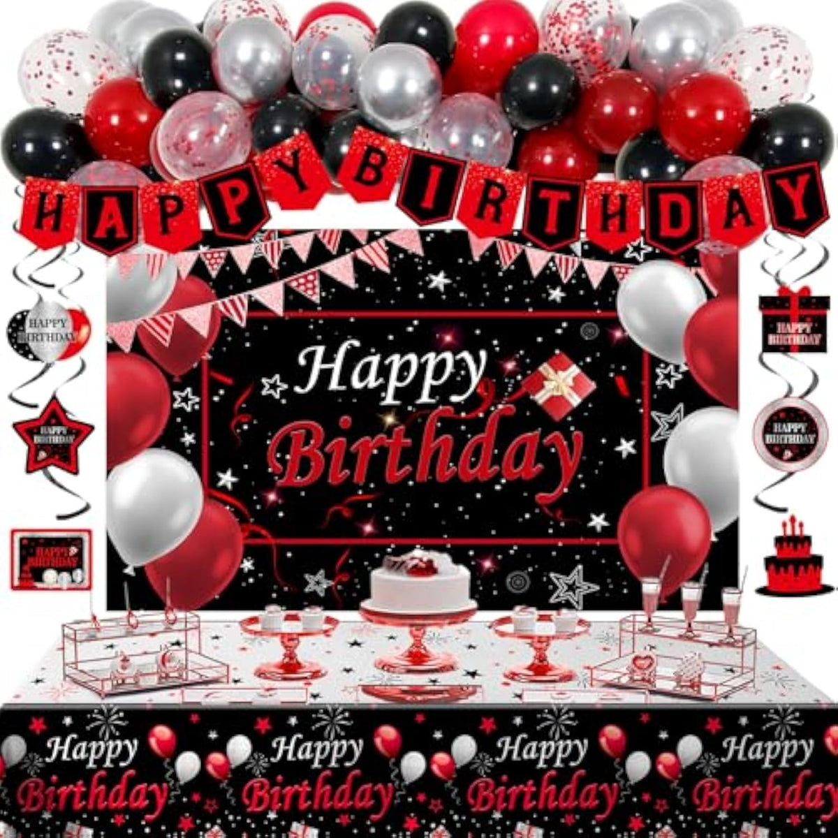 Black And Red Birthday Decorations For Men Women Boys Girls, Black And Red Party Decorations Happy Birthday Banner Backdrop Confetti Silver Balloons Arch Hanging Swirls Party Supplies Tablecloth