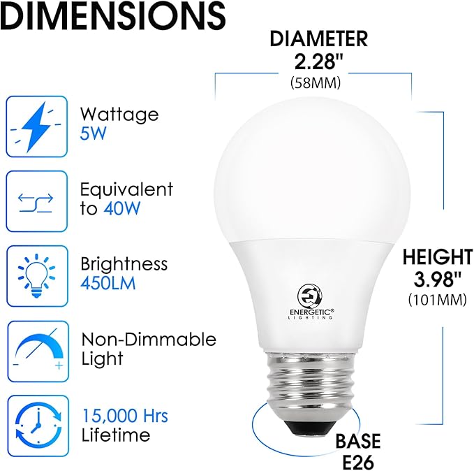 4 Pack A19 LED Light Bulbs 40W Equivalent 5000K Daylight 450 Lumens E26 Non Dimmable ETL Listed