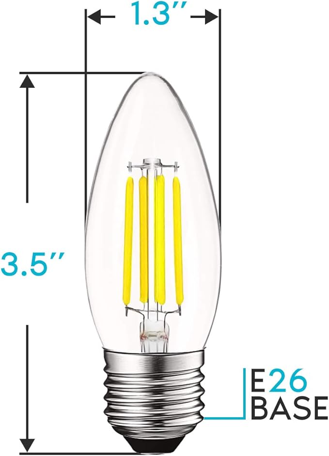 Vintage E26 Candelabra LED Bulbs 5000K Bright White Dimmable Edison Filament Light Bulbs 6 Pack