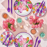 Tulip Floral Party Decorations Tableware, Spring Summer Tulip Flower Party Supplies For Birthday Baby Shower Tea, Paper Plate, Cup, Napkin, Tablecloth, Cutlery | Serve 24