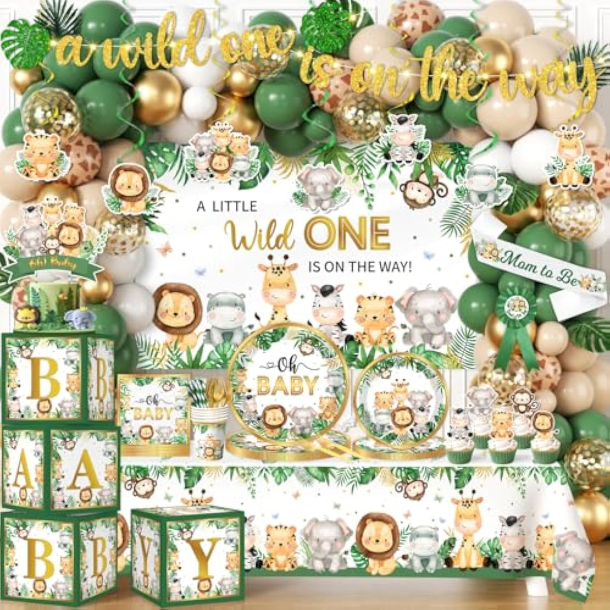 Safari Baby Shower Decorations,262Pcs Wild Birthday Decorations Jungle Baby Shower Decorations Plates And Napkin Cups Backdrop Banner Tablecloth Balloons Garland Boxes,Serves 20