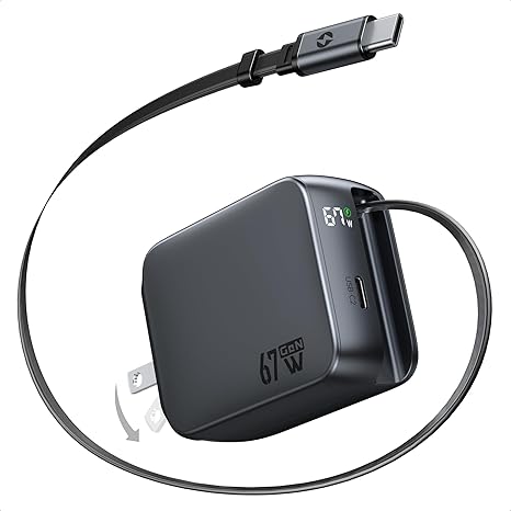 67W Retractable USB C Fast Charger with Built In Cable Dual Port GaN Wall Charger