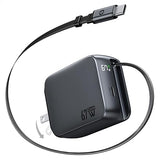 67W Retractable USB C Fast Charger with Built In Cable Dual Port GaN Wall Charger