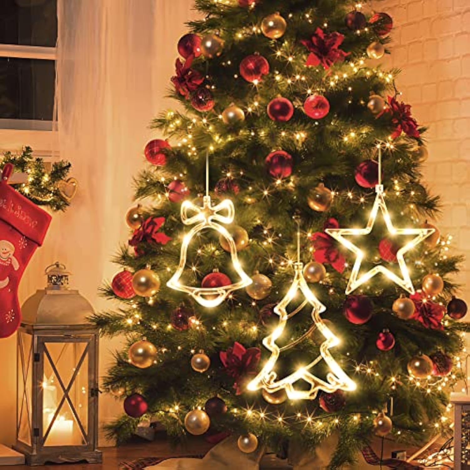 Timer 3Pcs Christmas Window Lights Decorations, Battery Powered Hanging Warm White Lighted Tree Bell Star Shaped Led Suc