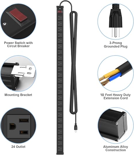 24-Outlet Heavy Duty Metal Power Strip with 10FT Extension Cord and Wall Mount