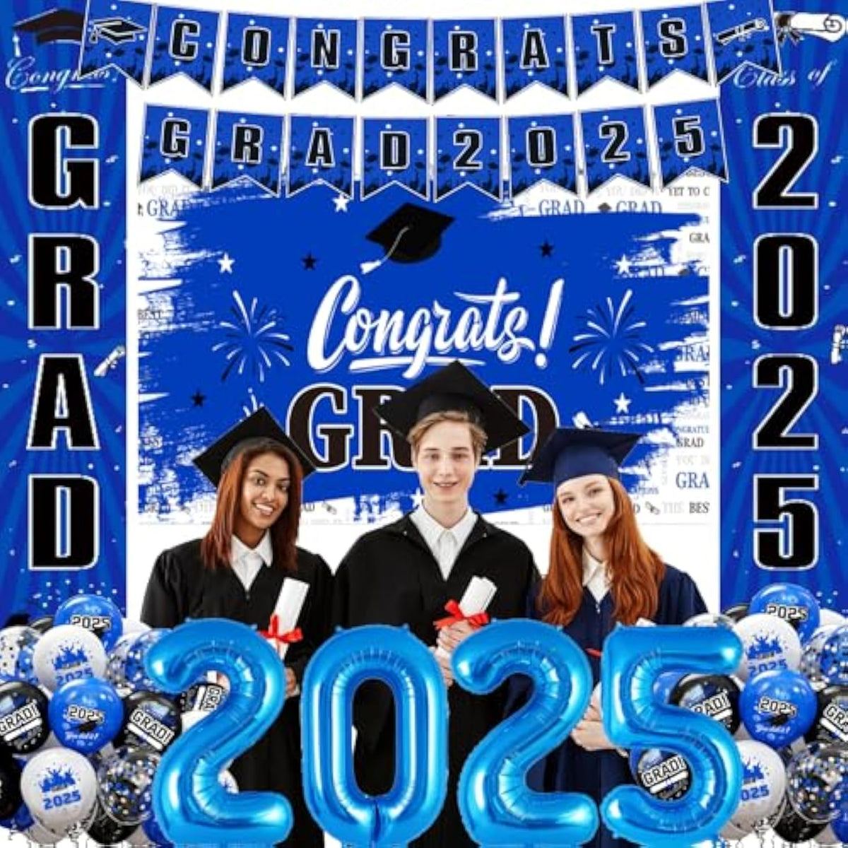 Blue Graduation Decorations 2025, Grad Party Decorations, Class Of 2025 Backdrop, Banner, Balloons And Porch Sign For High School & College Celebrations