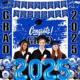 Blue Graduation Decorations 2025, Grad Party Decorations, Class Of 2025 Backdrop, Banner, Balloons And Porch Sign For High School & College Celebrations