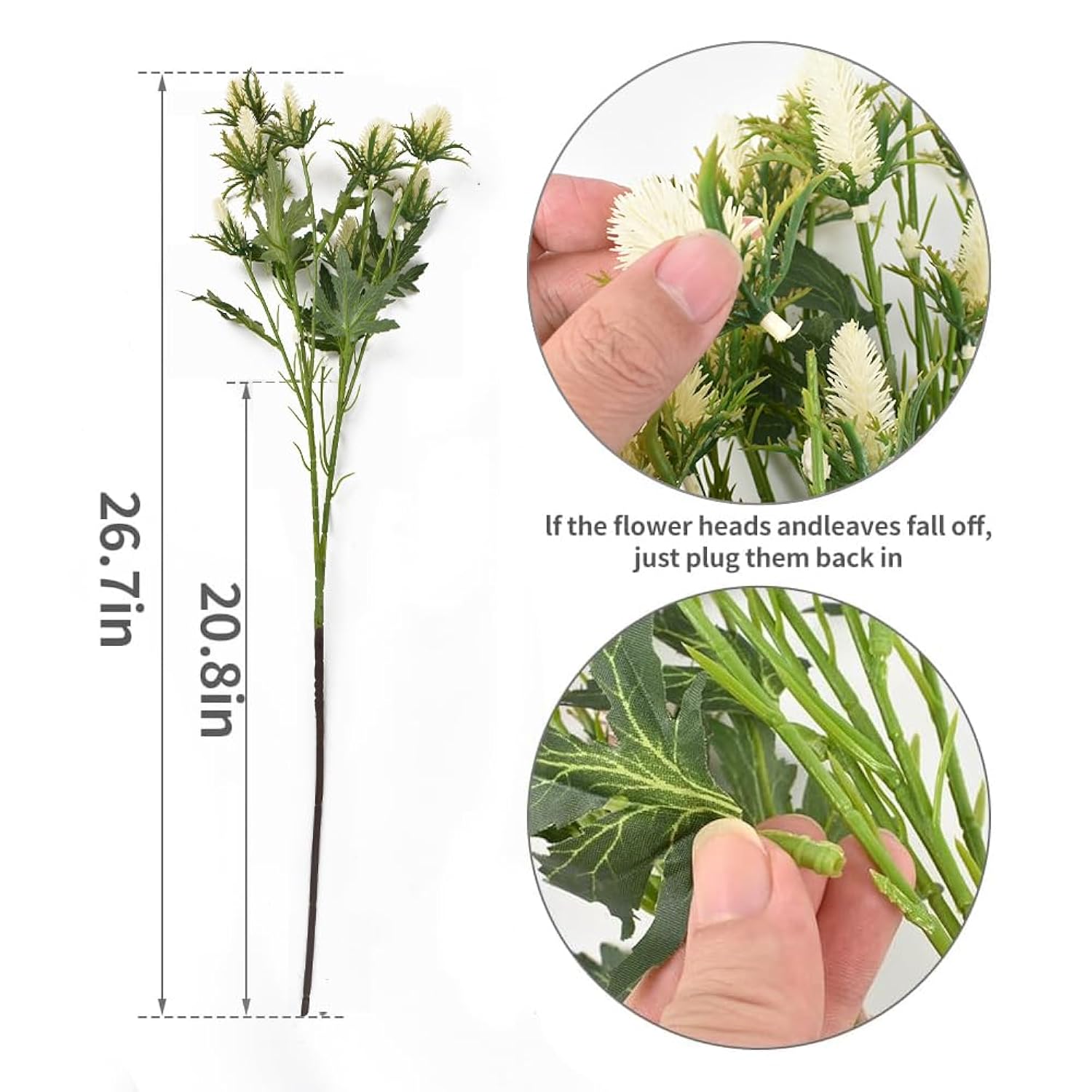 Artificial Thistle Spray Eryngium Flowers 2Pcs Artificial Real Touch Eryngium Artificial Sea Holly Flowers For Wedding Bridal Bouquet Wreath Table Centerpiece Outdoor Decor (White)
