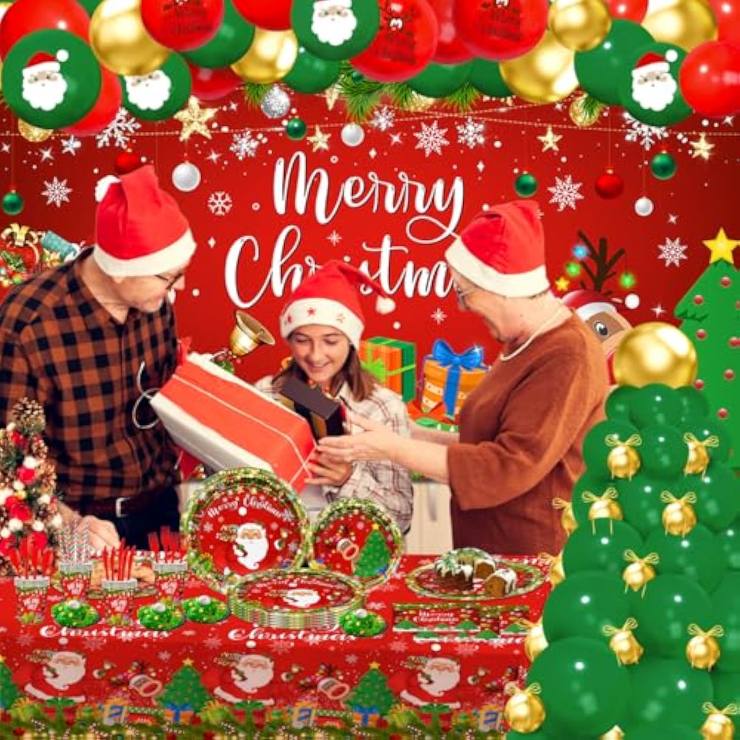 Christmas Party Decorations 345 Pcs Santa Tableware Paper Plates Napkins Serve 24 Merry Christmas Backdrop Tablecloth Balloons Arch Friendsmas Holiday Xmas Party Supplies