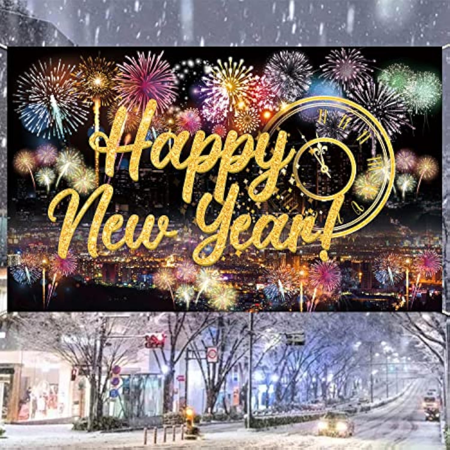 Happy New Year Fabric Backdrop Fireworks Party Photo Booth Banner