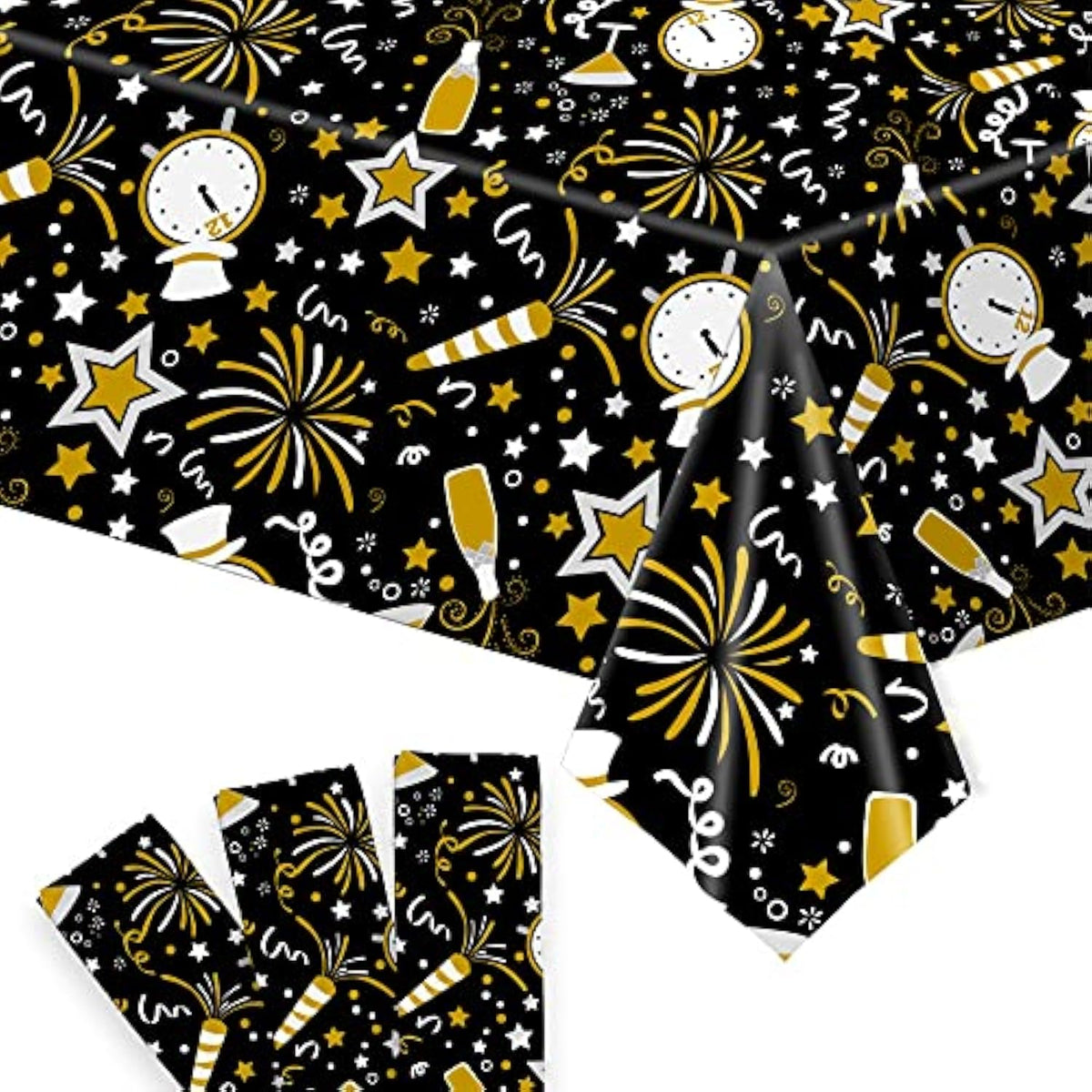 3 Pcs 108x54 Inch Black Gold Happy New Year Tablecloths 2026 Disposable Party Decor