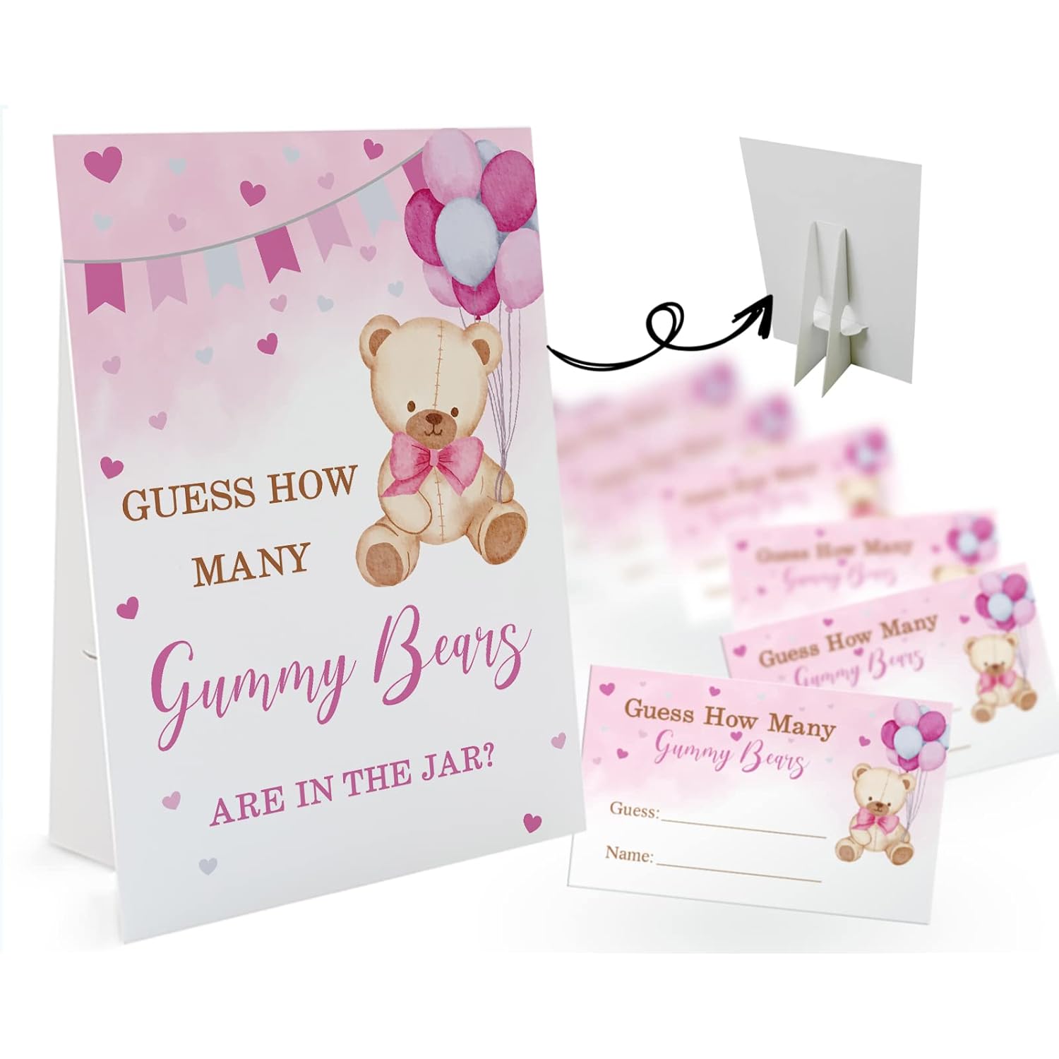 How Many Gummy Bears Are In The Jar - 1 Standing Sign And 50 Guessing Cards, Pink Bear Balloon Themed Baby Shower Game For Birthday Party Supplies And Decorations-03