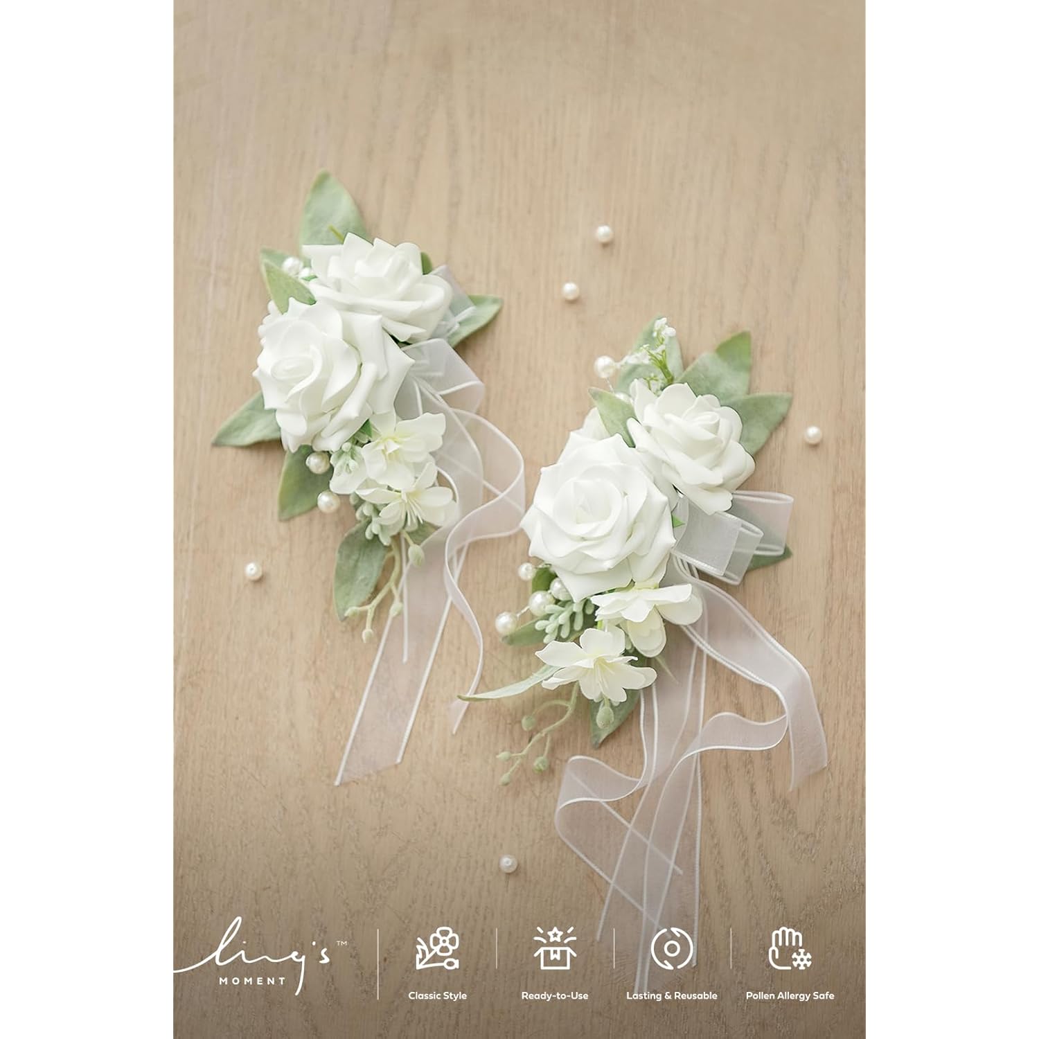 2Pcs Wedding Shoulder Corsage Artificial Flowers, Girl/Mother Homecoming/Prom Corsages Wristlet Décor, Etc. White Pearl