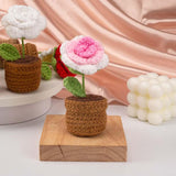 Handmade Crochet Flowers,Small Potted Knitted Desk Decorations Home Decoration Car Dashboard Decorations Crochet Artificial Flower (Pink Rose)