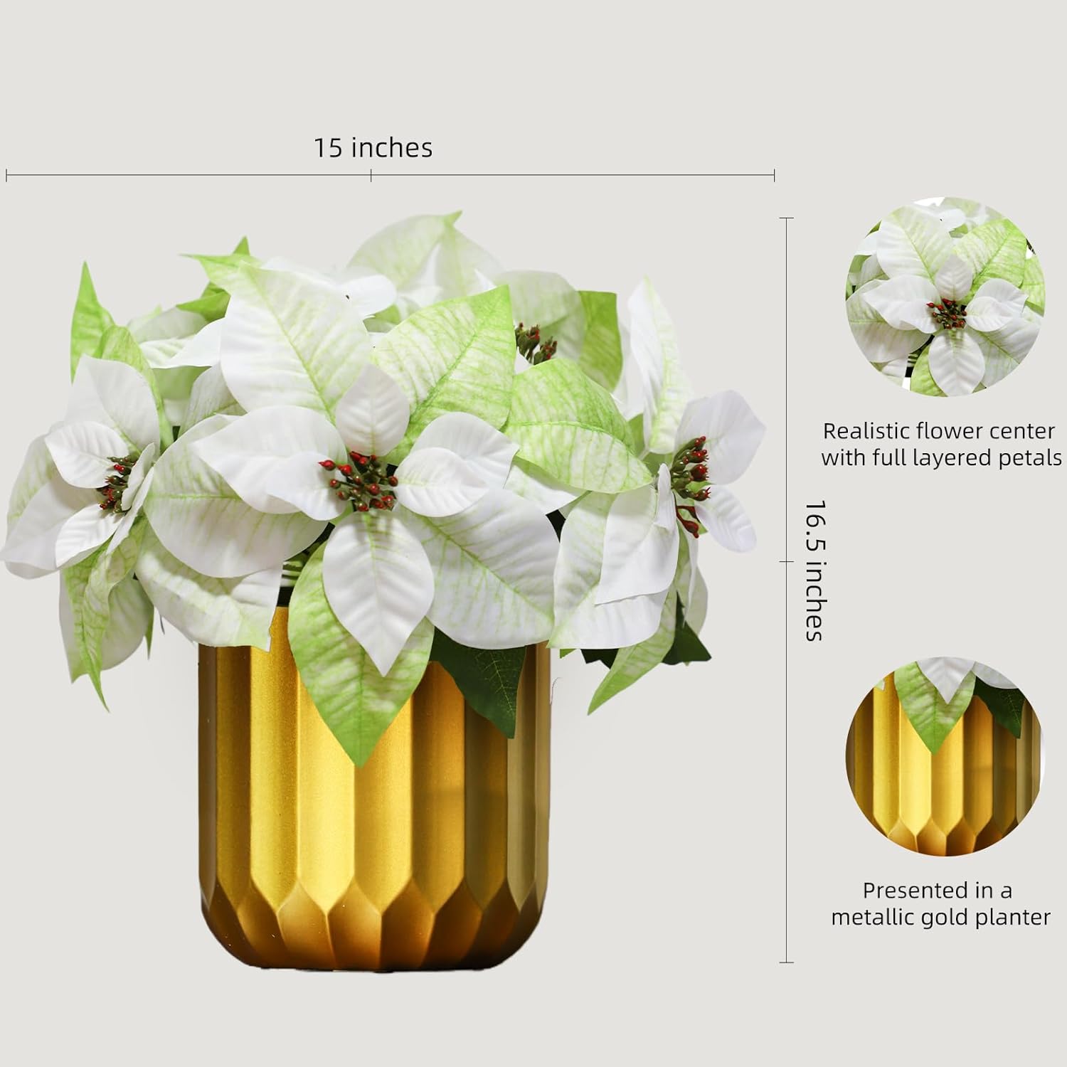 Poinsettia Flowers Artificial In Golden Vase, 12 Heads Winter Flowers, 16.5" Artificial Poinsettias Winter Decor For Table Centerpiece, Home & Office (Gradient White Green)