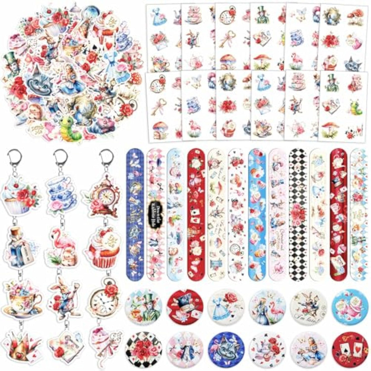 Alice In Wonderland Party Favors For Kids - 98Pcs Birthday Gift Set With Bracelets, Keychains, Tattoos, Stickers & Pins, Mad Hatter Tea Party Theme Supplies