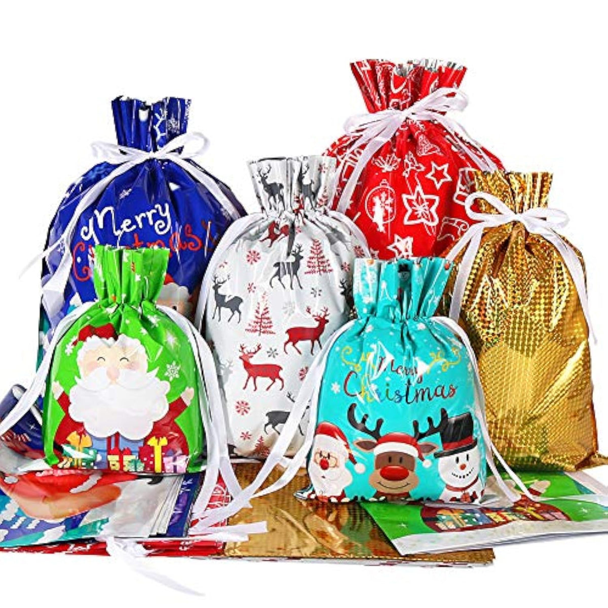Holiday Drawstring Gift Bags, 30Pcs Christmas Foil Gift Wrapping Sacks Pouches For Xmas Presents Party Favor (Large Medium Small)