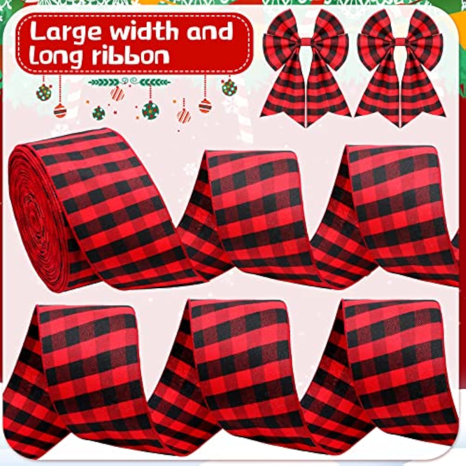 4 Inch X 50 Yards Christmas Plaid Buffalo Ribbon, Check Wired Edge Rib