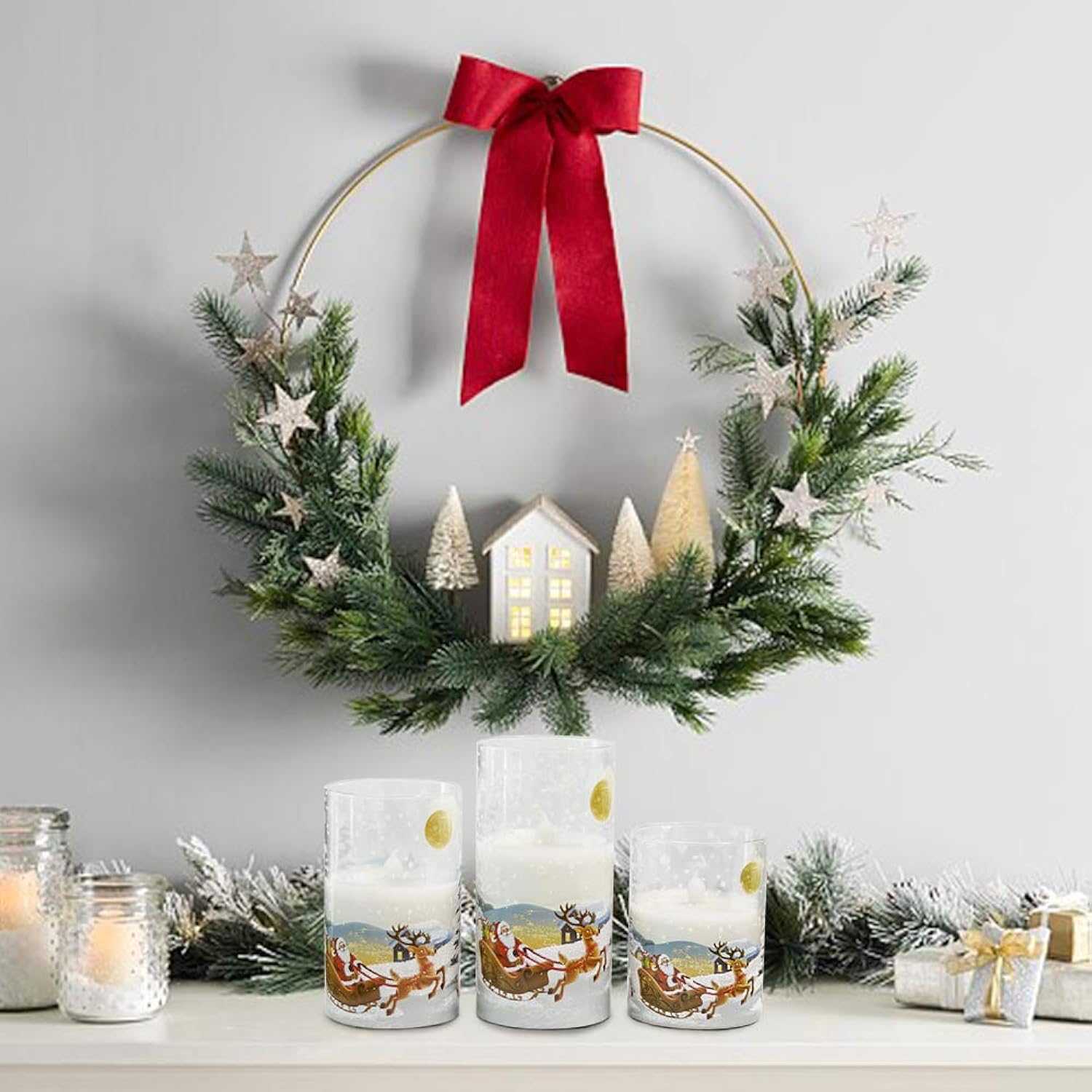 Santa Claus Glass Flameless Candles Battery Operated Remote And Timer Real Wax Led Flickering Pillar Candles White Cold Light Window Christmas Holiday Decor D3 X H4, 5", 6"