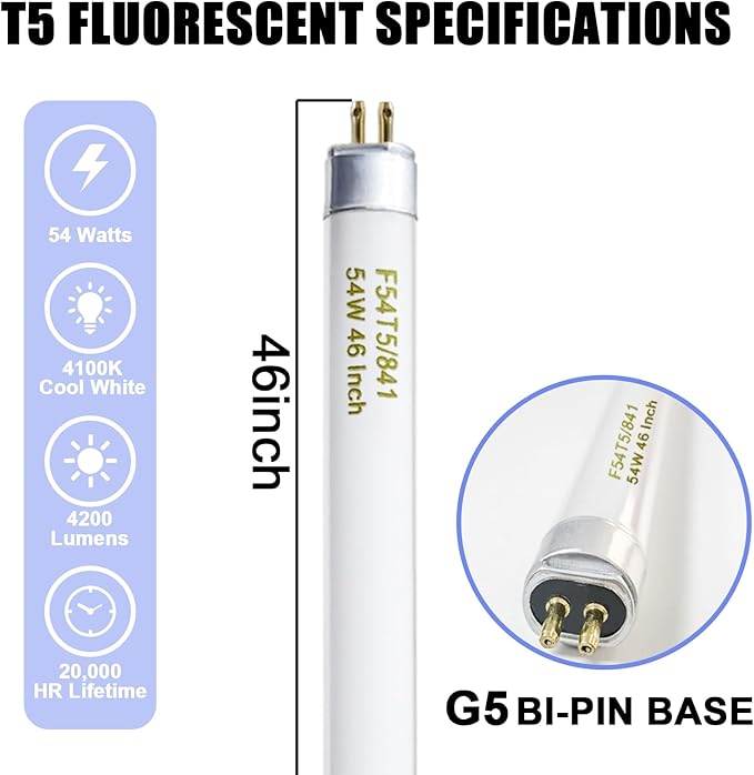 25 Pack F54T5 HO Fluorescent Tube Lights 54W 46 Inch 4100K Cool White G5 Base 4300LM