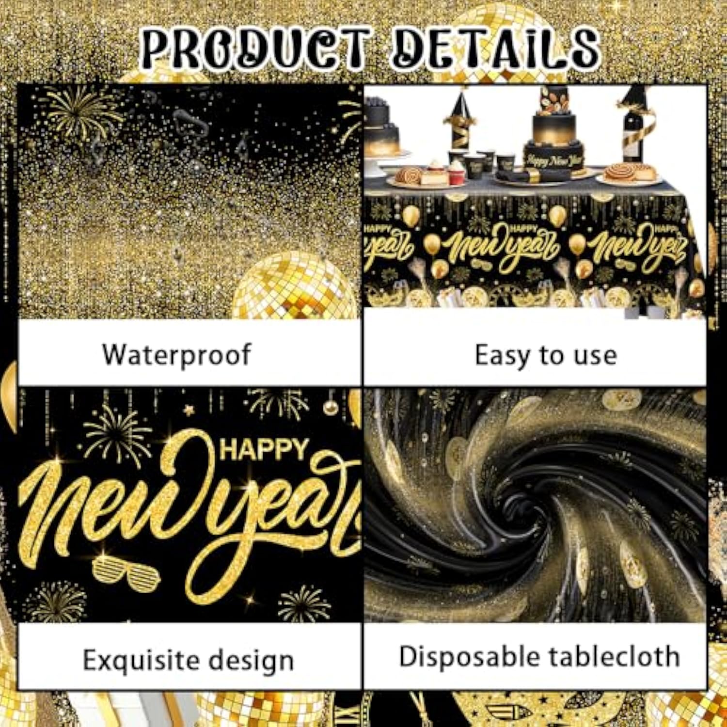 3pc Black Gold Happy New Year 2026 Disposable Tablecloths 108x54in