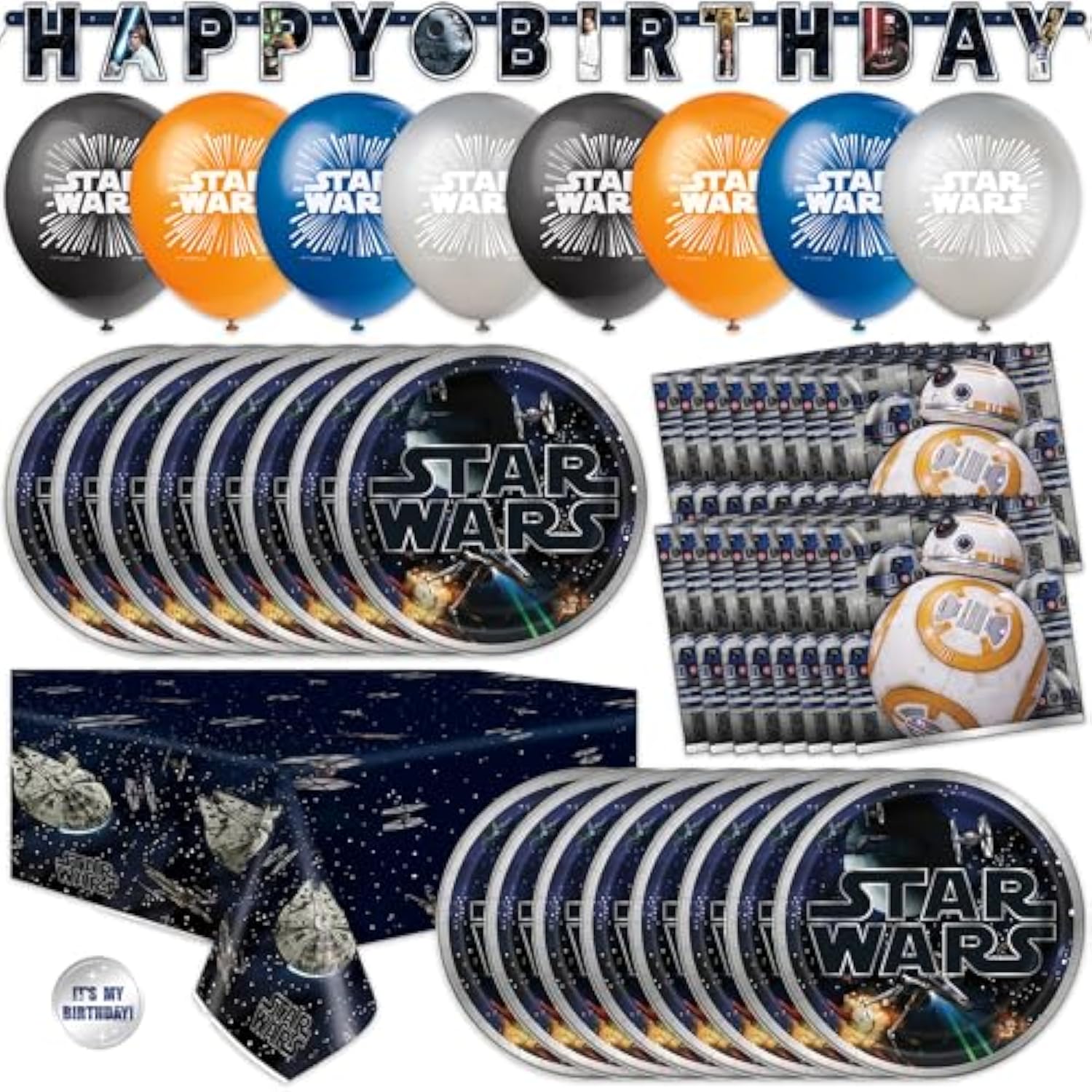 Star Wars Birthday Decorations Set | Star Wars Party Decorations | Banner, Tablecloth, 8 Balloons, 16 Plates, 16 Napkins, Sticker | Officially Licensed
