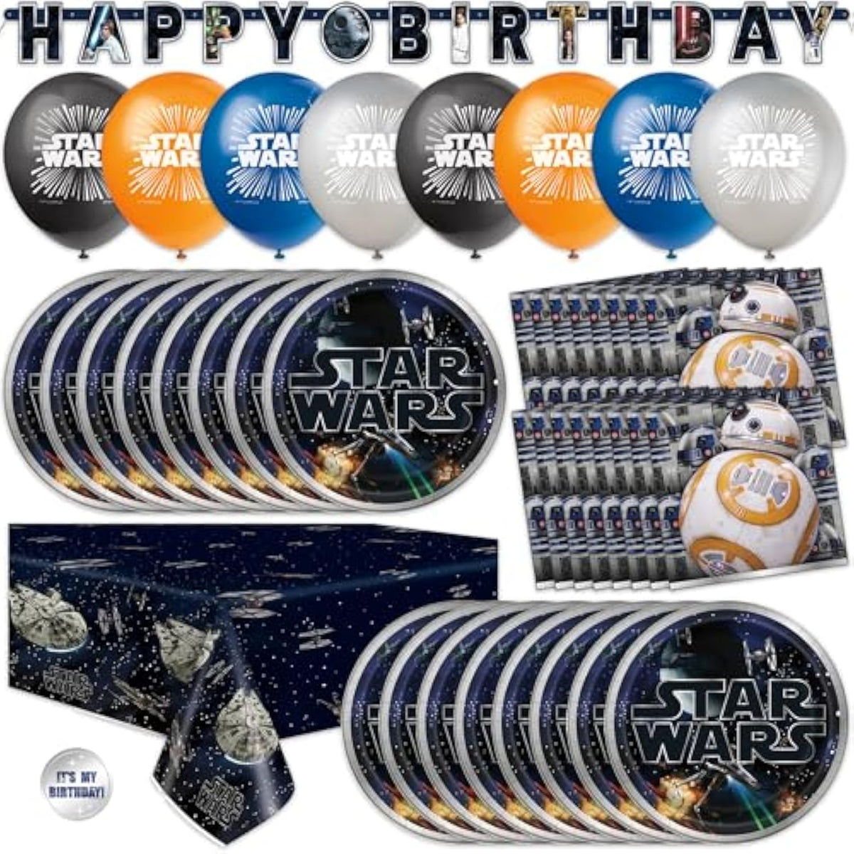 Star Wars Birthday Decorations Set | Star Wars Party Decorations | Banner, Tablecloth, 8 Balloons, 16 Plates, 16 Napkins, Sticker | Officially Licensed